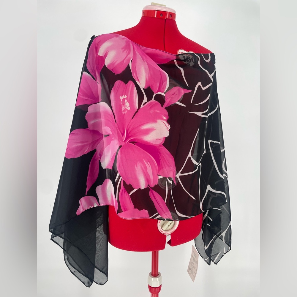 Y2K NWT Tropical Floral Sheer Chiffon Shawl Poncho Hawaiian Scarf W/ Buttons - Picture 7 of 9